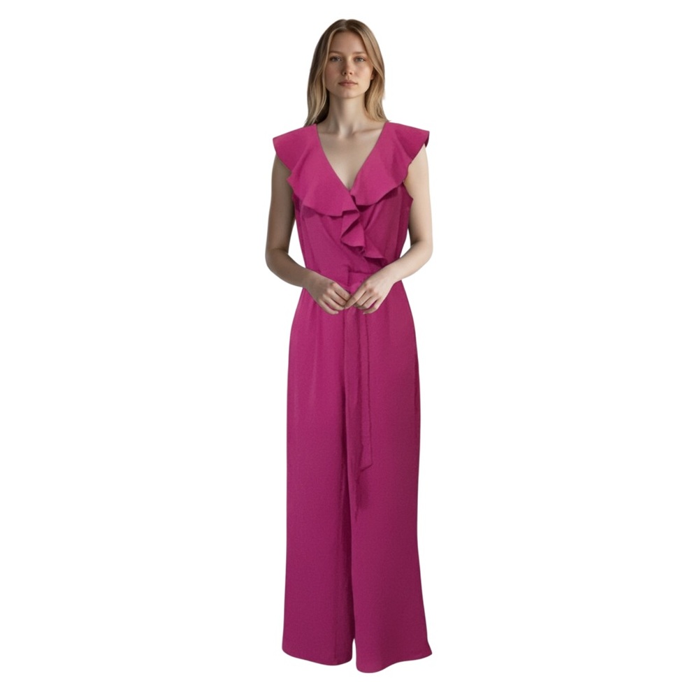 LONDON TIMES Petite Ruffle-Wrap Straight-LegJumpsuit, Pockets, Fuchsia, Size 4P